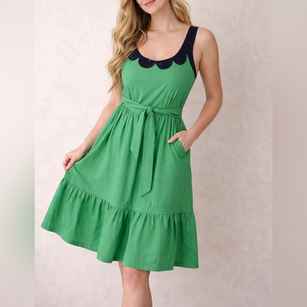 Kate Spade Green Tiered‎ Ruffle Skirt Retro Pinup Midi Belted Dress